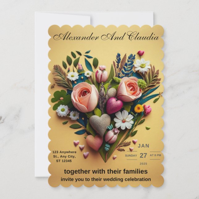A wedding invitation made of flowers and hearts (Front)