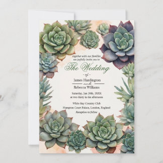 A wedding invite that contains Succulents