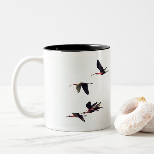 A Wedge of Ibises In Flight Two-Tone Coffee Mug (With Donut)