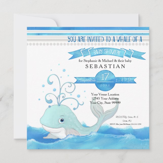 A Whale of a Boy Baby Shower Cute Aqua Blue Grey Invitation (Front)