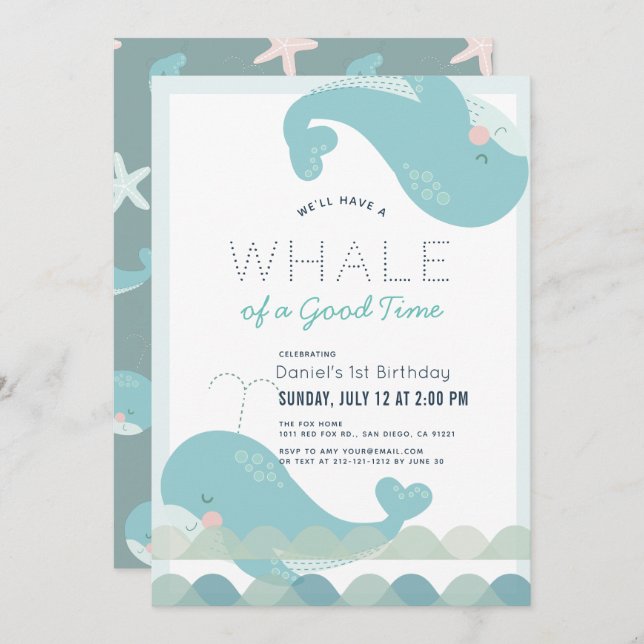 A Whale of a Good Time Blue Boy 1st Birthday Invitation (Front/Back)