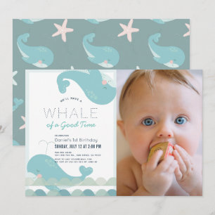 A Whale of a Good Time Blue Boy 1st Birthday Photo Invitation