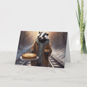 A whimsical Badger on the tracks offers Pie Holiday Card