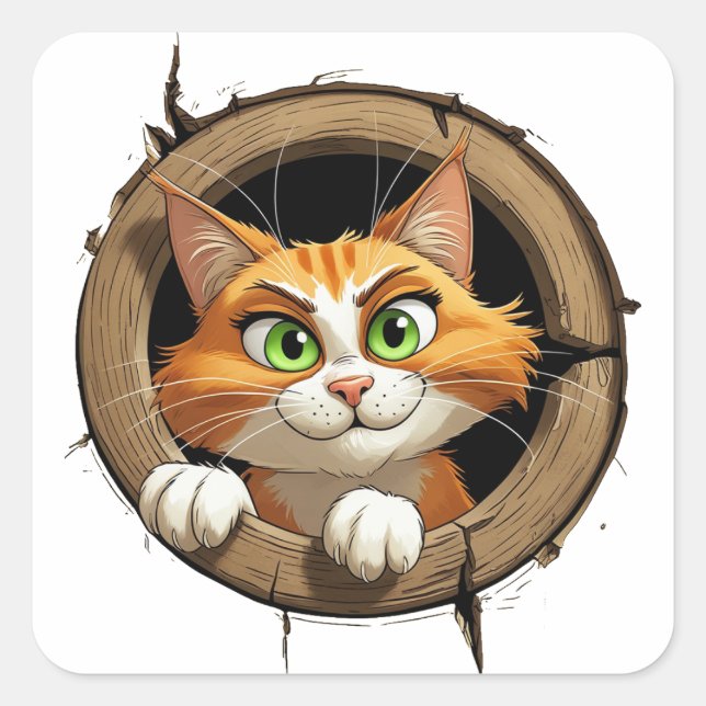 A Whimsical Cartoon Cat with Bright Green Eyes Pee Square Sticker (Front)
