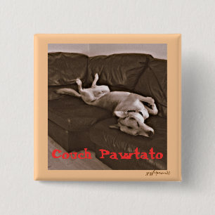 A whimsical picture of a dog on a couch 15 cm square badge