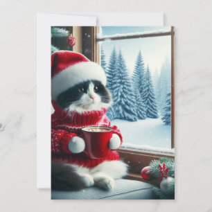 A white and black cat with Santa hat Holiday Card