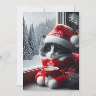A white and black cat with Santa hat Holiday Card