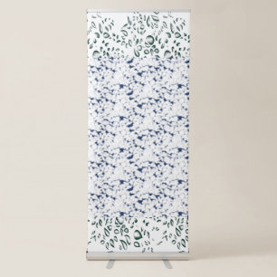 a white and blue background with a pattern retractable banner