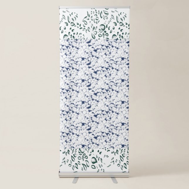 a white and blue background with a pattern retractable banner (Front)