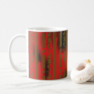 a white and brown striped wallpaper with a pattern coffee mug