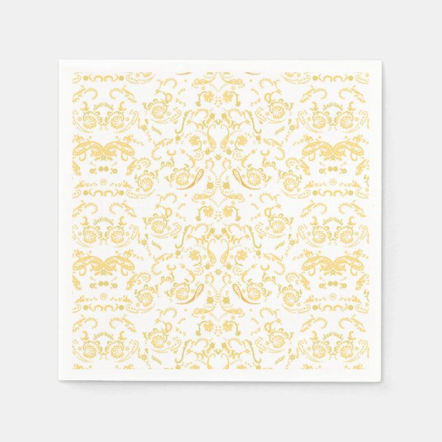a white and gold wallpaper with a pattern on it napkin (Front)