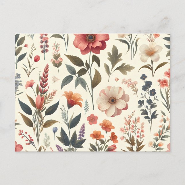 a white background with a bunch of flowers on it invitation postcard (Front)