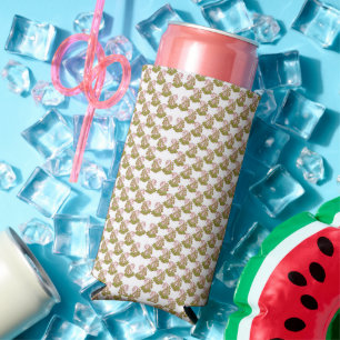 a white background with a pattern of green leaves seltzer can cooler