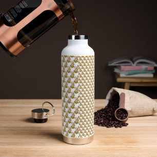 a white background with a pattern of green leaves water bottle