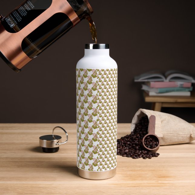 a white background with a pattern of green leaves water bottle (Coffee)