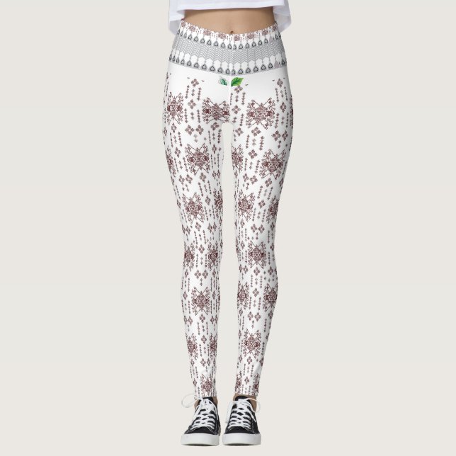  a white background with a red pattern on it leggings (Front)