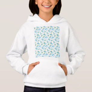 a white background with blue flowers and green lea