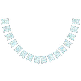 a white background with blue flowers and green lea bunting 