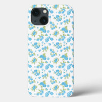 a white background with blue flowers and green lea