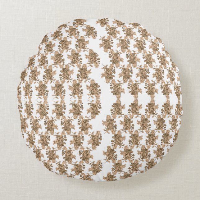  a white background with brown flowers on it round cushion (Front)