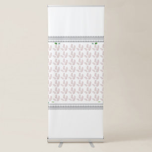 a white background with pink leaves on it retractable banner