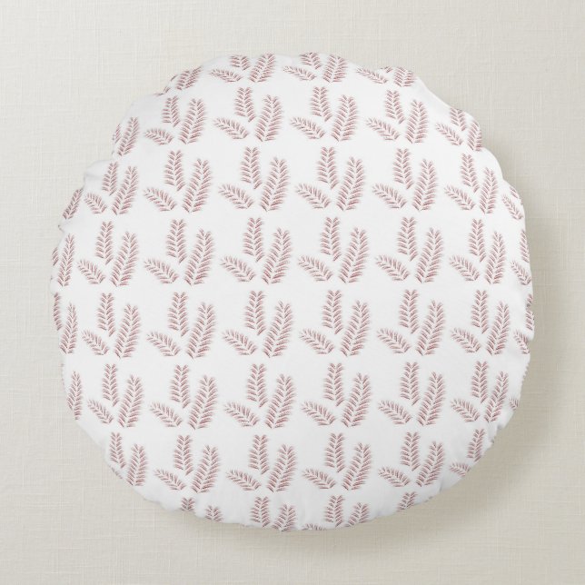 a white background with pink leaves on it round cushion (Front)