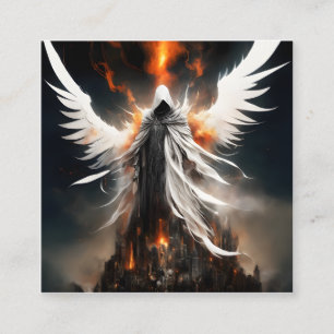 A white bloody angel female towers over a destroye square business card