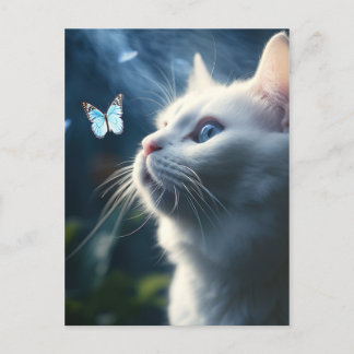 A White Cat with Blue Eyes Looks at a Butterfly Postcard