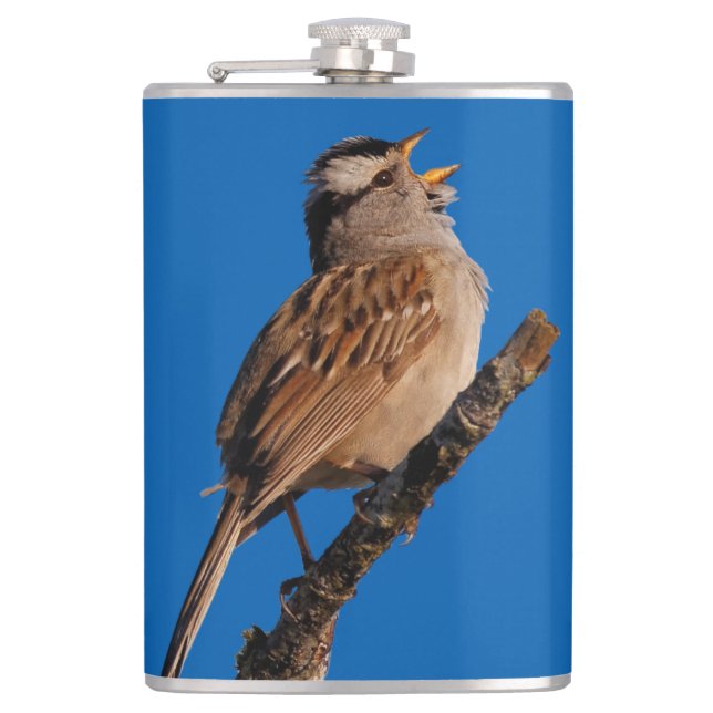 A White-Crowned Sparrow Sings to the Sun Hip Flask (Front)
