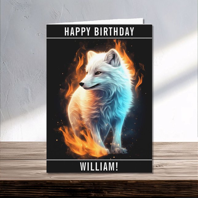 A White Fiery Arctic Fox Kit Happy Birthday Name Card (Creator Uploaded)