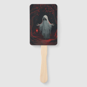 A white ghost holding a red lantern with red leave hand fan