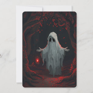 A white ghost holding a red lantern with red leave invitation