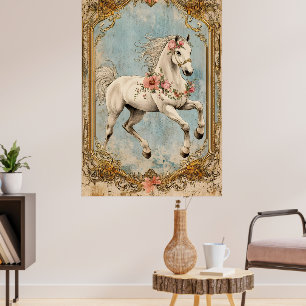 A white horse adorned with a garland of flowers,   poster