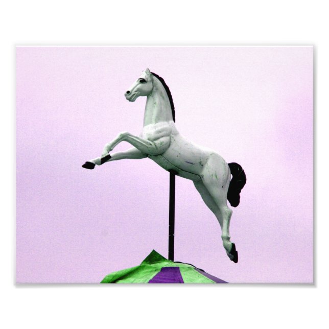 A white horse carousel statue against purple photo print (Front)