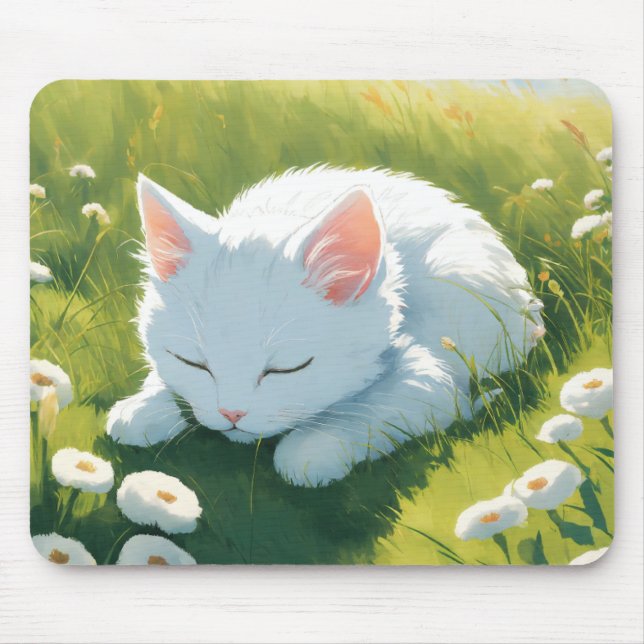 A white kitten sleeping image mouse mat (Front)