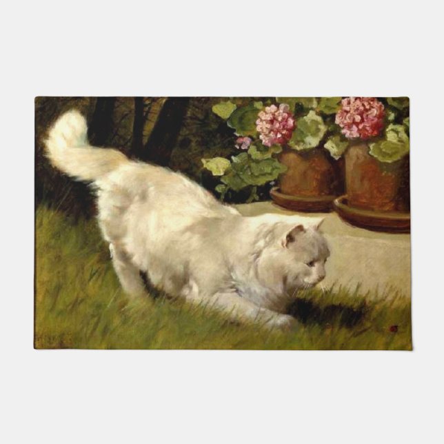 A White Persian Cat Watching Ladybug Doormat (Front)