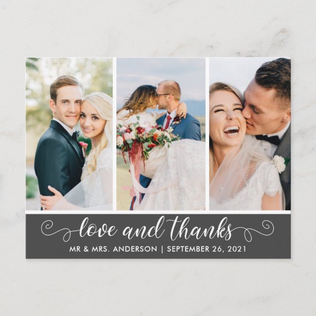 A White Script Multiple Photos Wedding Thank You Postcard (Front)
