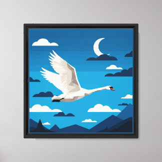 A white swan flying in the night sky canvas print