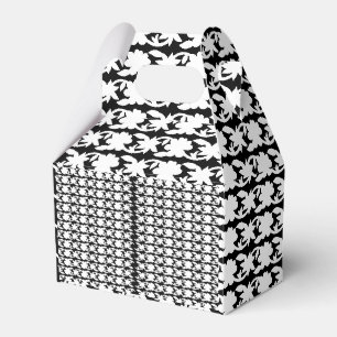 A white, symmetrical pattern featuring repetitive favour box