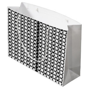A white, symmetrical pattern featuring repetitive large gift bag