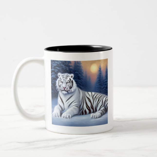 A White Tiger Sitting in the Snow  Coffee Mug (Left)