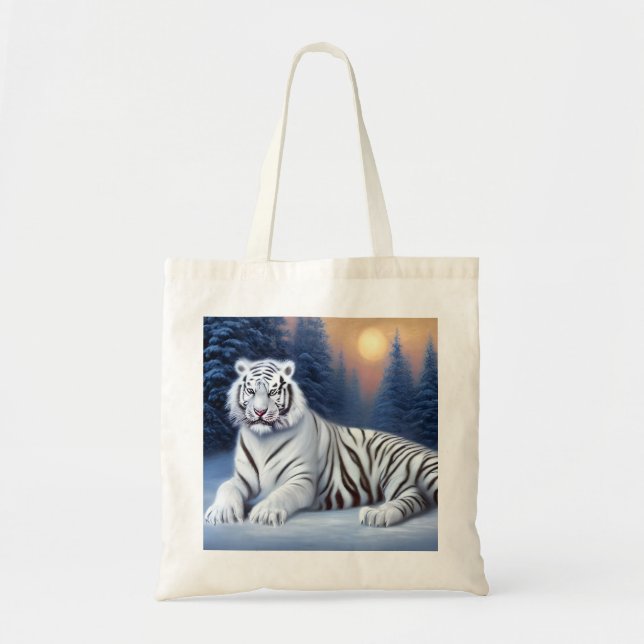 A White Tiger Sitting in the Snow  Tote Bag (Front)