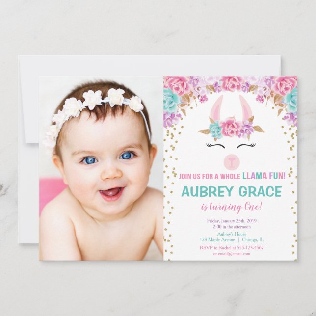 A whole llama fun girl birthday party photo invitation (Front)