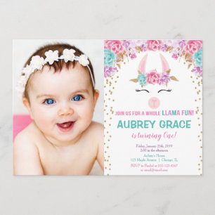 A whole llama fun girl birthday party photo invitation