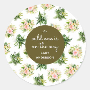 A Wild One is on the Way Foliage Baby Shower Classic Round Sticker