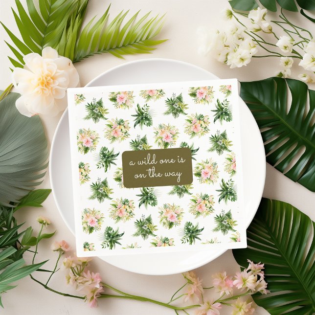 A Wild One is on the Way Jungle Tropic Baby Shower Napkin (paper napkin with tropical flowers & leaves pattern + a box to add your custom text for baby shower)