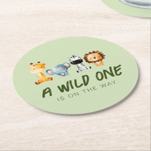 A Wild One Is On The Way Safari Baby Shower Round Paper Coaster