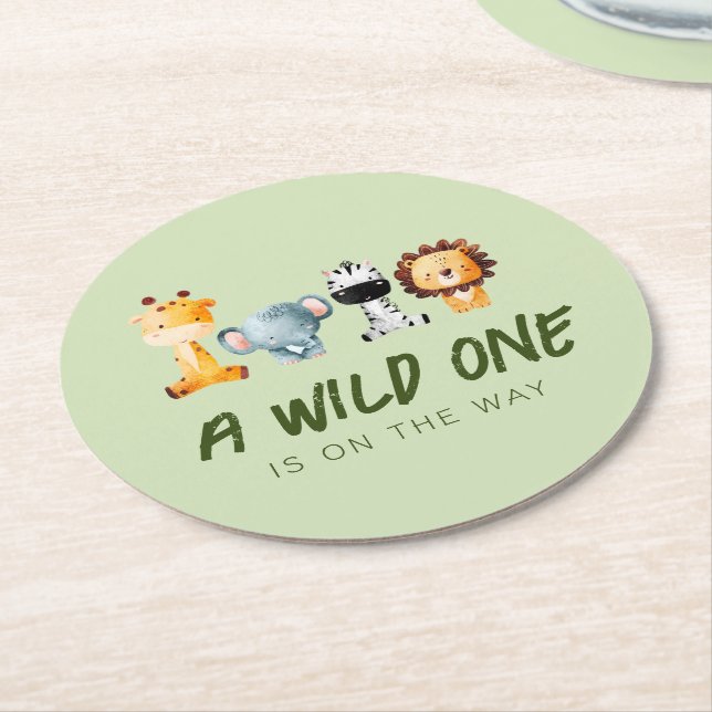 A Wild One Is On The Way Safari Baby Shower Round Paper Coaster (Angled)