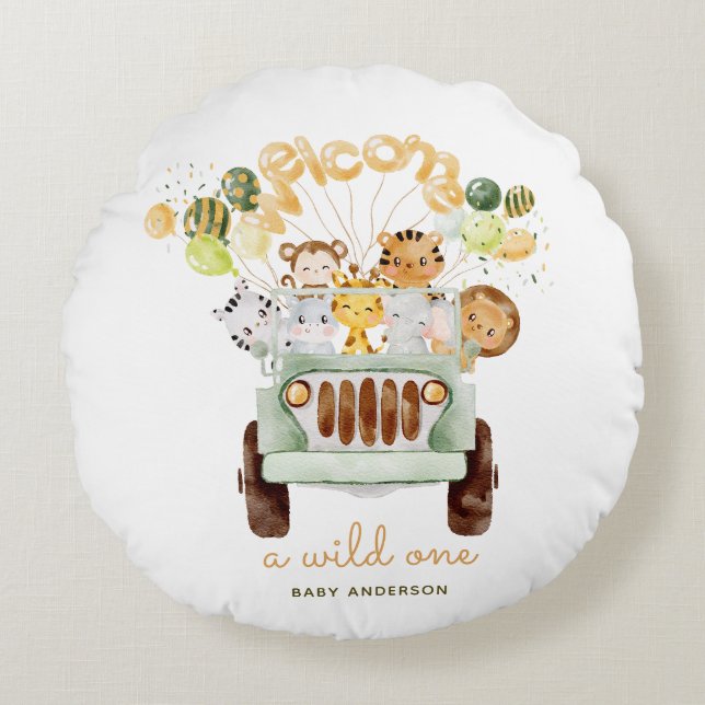 A Wild One Safari Car Baby Shower Round Cushion (Front)