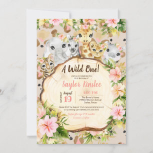 A Wild One Safari Cute Animals Girl First Birthday Invitation